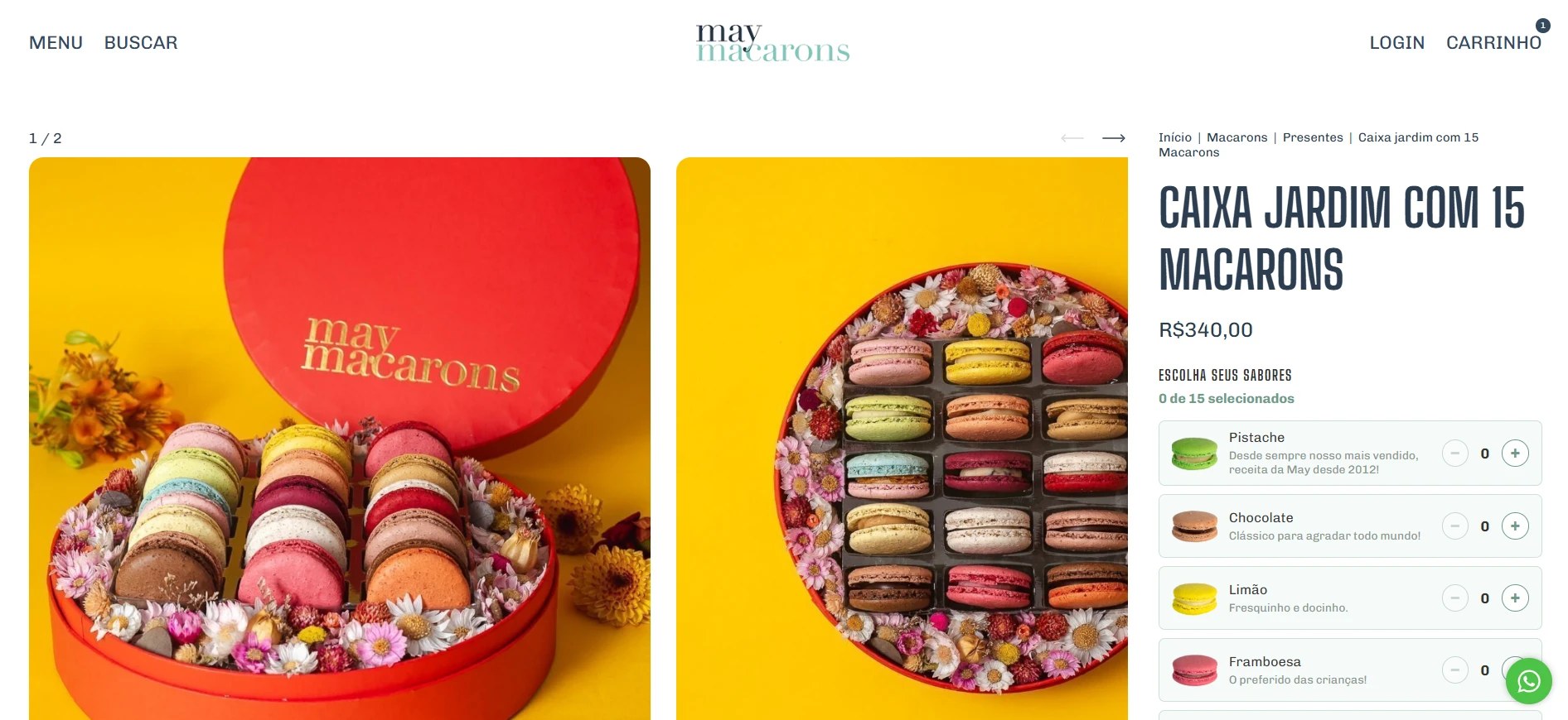 Página de produto da May Macarons com o seletor de sabores